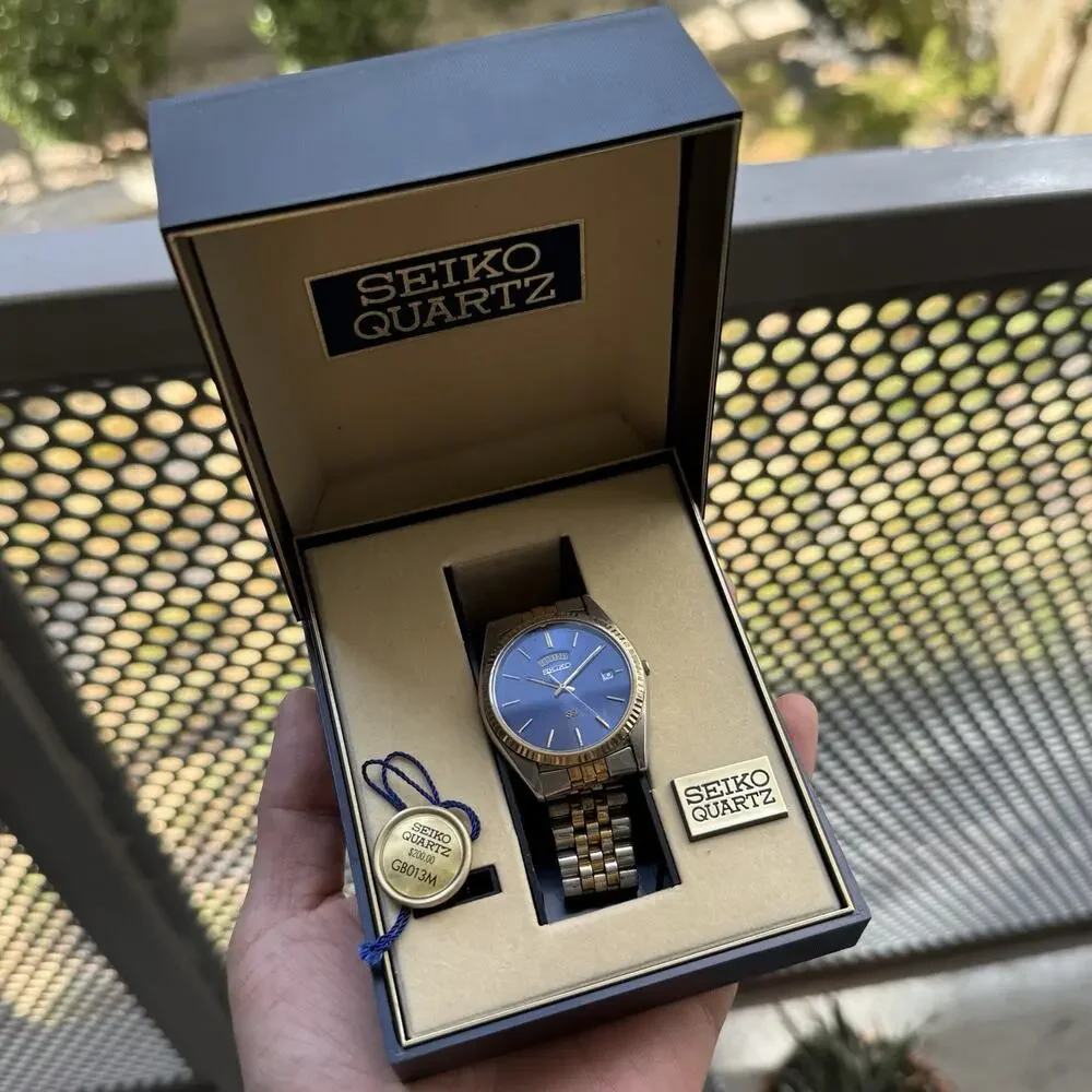 Vintage Seiko SQ President Fluted Bezel Watch 36mm Blue Dial Two Tone Daydate